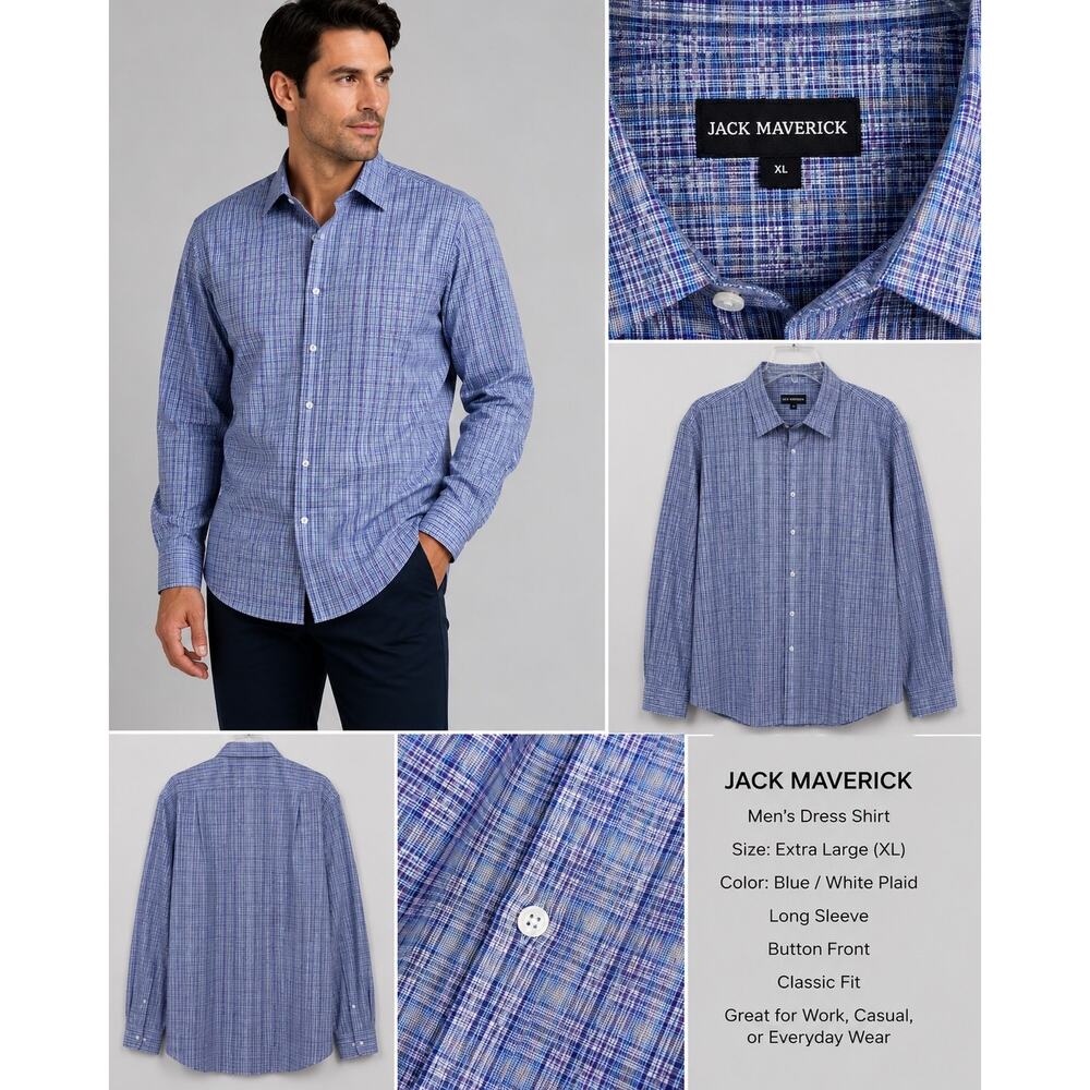 Jack Maverick XL Blue Plaid Dress Shirt Men Long Sleeve Button Front
